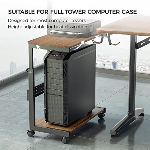 EUREKA ERGONOMIC PC Stand Computer Cart, Height Adjustable Tower Stand 2-Tier Suit for ATX Case Printer, Metal Rolling Cart on Wheels for Gaming Home Office, Walnut - color: Walnut