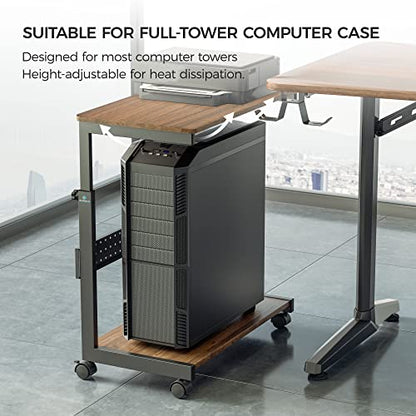 EUREKA ERGONOMIC PC Stand Computer Cart, Height Adjustable Tower Stand 2-Tier Suit for ATX Case Printer, Metal Rolling Cart on Wheels for Gaming Home Office, Walnut - color: Walnut