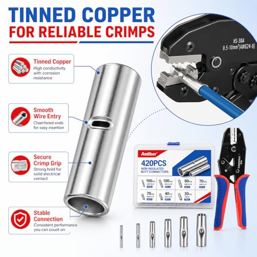 420PCS Non Insulated Butt Connectors Kit, Tinned Copper Wire Connectors, 24-8 AWG Crimp Connectors, Uninsulated Butt Connector Terminals for Automotive, RV, Marine, Trailer, Car Audio Wiring - style: 420 PCS Non Insulated Connectors