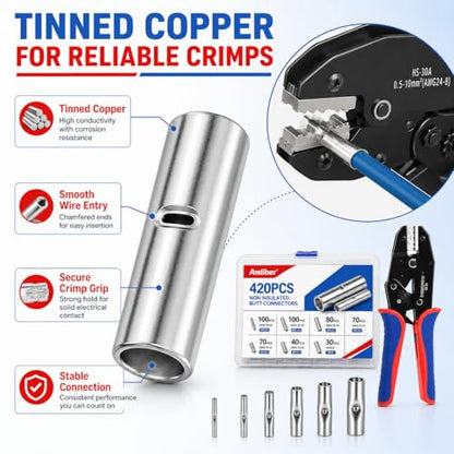 420PCS Non Insulated Butt Connectors Kit, Tinned Copper Wire Connectors, 24-8 AWG Crimp Connectors, Uninsulated Butt Connector Terminals for Automotive, RV, Marine, Trailer, Car Audio Wiring - style: 420 PCS Non Insulated Connectors