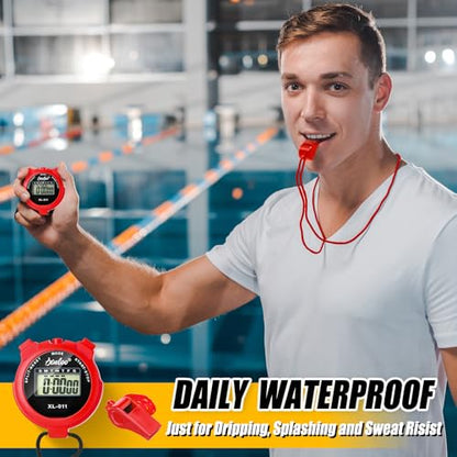 Simgoing 48 Pcs Digital Stopwatch Timer Plastic Whistle Bulk for Sports Coaches Referee Waterproof Watch Timer Whistle with Lanyard Multi Function Electronic Fitness Date Alarm (Red) - color: Red