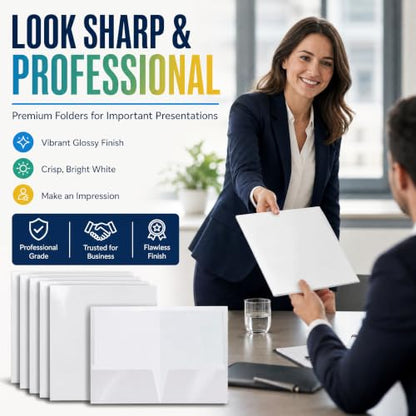 Better Office Products 2 Pocket Glossy Laminated White Paper Folders, Letter Size, 25 Pack, White Paper Portfolios, Box of 25 - color: White
