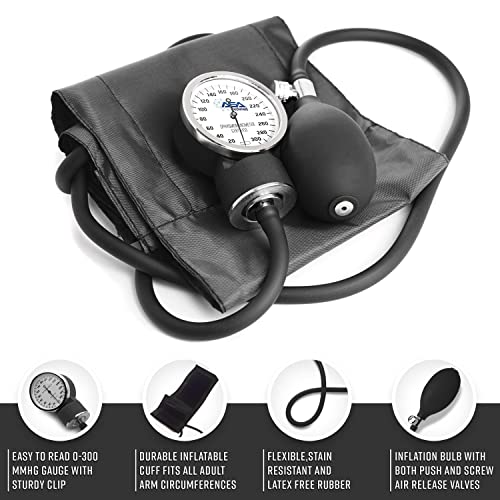 ASA TECHMED Nurse Essentials Professional Kit with Handheld Travel Case | 3 Part Kit Includes Adult Aneroid Sphygmomanometer Blood Pressure Monitor, Stethoscope, Diagnostic Otoscope (Black) - color: Black