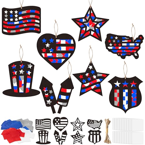 CJiangpo 24 Sets Independence Day Suncatcher Paper Craft Kits, DIY Stained Glass Effect Window Ornament Tissue Paper Art Craft for Classroom Activities 4th of July Patriotic Decors Party Supplies - style: Independence Day