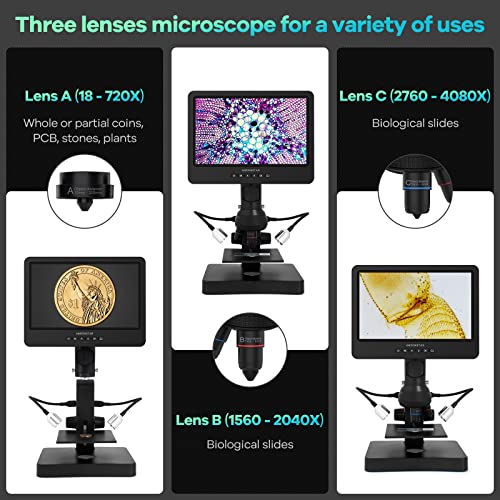 Andonstar AD249S-P 10.1 Inch HDMI Digital Microscope, 4000x 3 Lens 2160P UHD Video Record, Biological Microscope Kit for Adults and Kids, Coin Microscope for Error Coins, Prepared Slides, 32G SD Card