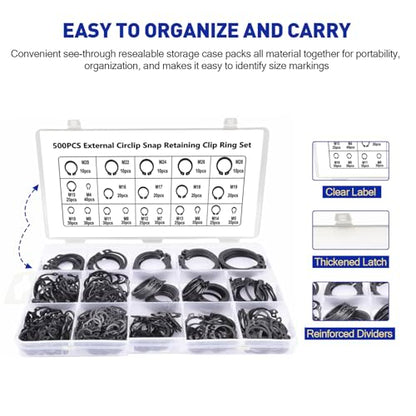 Boatsea 500Pcs External Circlip Snap Retaining Clip Rings Assortment Kit, Alloy Steel Snap Ring Shop Assortment Set, 21 Sizes External Retaining Rings of M4-M28 - size: C-Clip 500PCS