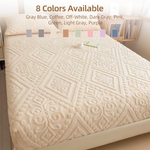 European Damask Embossed Plush Fitted Sheet,King,Off-White,80x78inch - color: Off-white, size: King(80"x78")