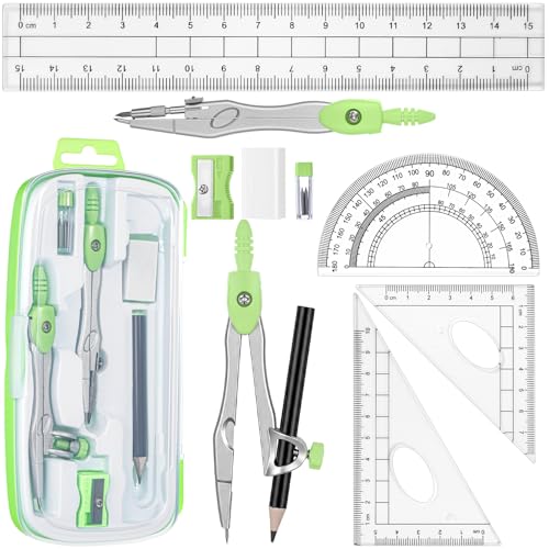 Zonon 10 Pcs Math Geometry Set for Student Compass Protractor, Green - color: Green