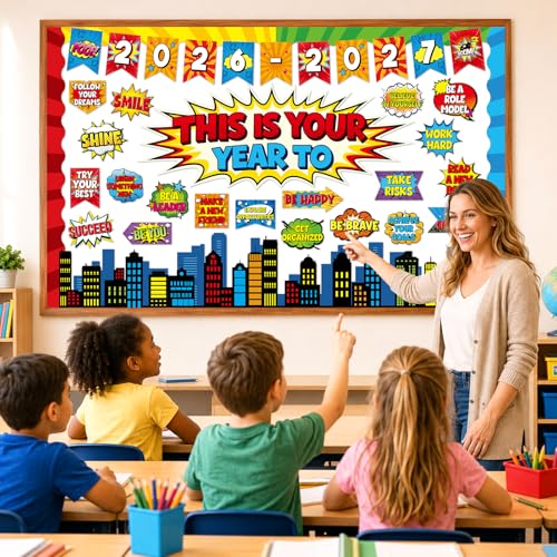 This is Your Year Bulletin Board Set Super Themed Classroom Decoration Inspirational Hero Welcome Back to School Decoration Cutouts for Back to School Office Classroom Home Chalkboard Wall Door Decor - style: This is Your Year to