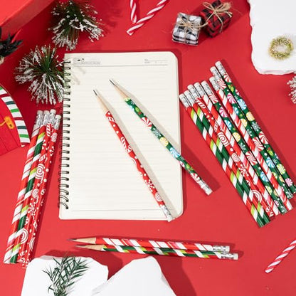 Xqumoi 60Pcs Christmas Pencils with Eraser - #2 HB Xmas Candy Cane Red Green Wood Pencils, School Classroom Student Rewards Office Supply Holiday Goodie Bag Fillers Stuffers Party Favors Gift - style: Christmas