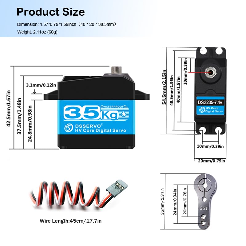 Pack of 2 RC Servo 35KG Steering Servo 7.4V Digital Motor Stainless Steel Gear High Torque Waterproof for DIY Robotic RC Cars - size: 35kg x 2PCS(270°)