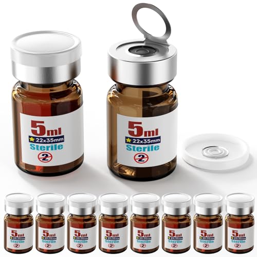 Sterile Empty Vial Sealed with 20mm Self Healing Injection Port and Burr Free Tear Off Plastic Aluminum Cap, Borocilicate Glass Sample Vial with Pull Ring Cover (Amber, 5mL)