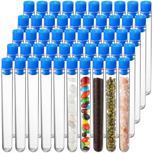 50 Pake 8 ml Clear Test Tubes with Caps 12x100mm Plastic Vials Test Tubes for Scientific Experiments Halloween Christmas Scientific Themed Birthday Party Supplies Candy Storage (Blue) - color: Blue