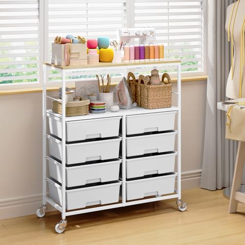 APEXCHASER Rolling Storage Cart with 8 Large Drawers, Wooden Tabletop - color: White