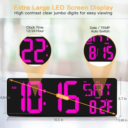 XREXS 17.2 Inch Large Digital Wall Clock with Remote Control - color: Purple