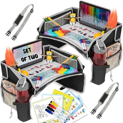 PILLANI Kids Travel Tray for Car - Carseat Tray w/iPad Holder & Dry Erase Board, Road Trip Essentials - Toddler Lap Desk Organizer for Airplane - Roadtrip Activities & Travel Essentials - Pack of 2 - color: 2-pack Black