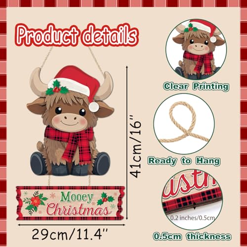 HLNIUC Mooey Christmas Wall Sign Cute Xmas Highland Cow Door Sign for Home - color: Christmas 2