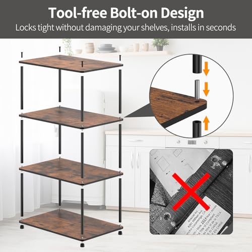 Countertop Spice Rack, Stackable Wood & Metal Pantry Cabinet Shelf Organizer Storage, 4-Tier or Split into 2×2-Tier, Multi-Use for Kitchen Bathroom Desktop Home Office, Rustic Brown - size: 4 Tier