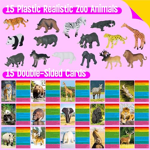 15 PCS Safari Animal Figurines with 15 Introducing Flashcards, Realistic Zoo Animal Figures Montessori Toys Science Educational Matching Game for Homeschool Preschool Toddler Kids - style: Wildlife Set (including cards)