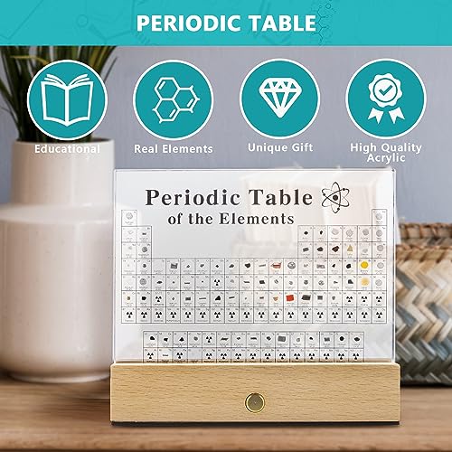 MegaBox Periodic Table Of Elements with 83 Real Elements, Acrylic Periodic Table Display With Wooden Stand, 6x Chemistry Formula Reference Cards, Science Teacher Gift Classroom Decoration - size: 6"L x 4.5"W