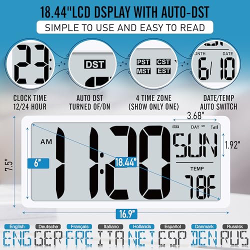 TXL 18.44" Large Amotic Digital Wall Clock with Backlight, Battery Operated Alarm Clock with Day, Date & Temperature, Jumbo Display Digital Count Up Down Timer Clock for Hoom,Classroom Room,Office - color: White Atomic Backlight-18.44in