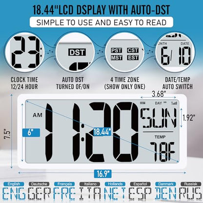 TXL 18.44" Large Amotic Digital Wall Clock with Backlight, Battery Operated Alarm Clock with Day, Date & Temperature, Jumbo Display Digital Count Up Down Timer Clock for Hoom,Classroom Room,Office - color: White Atomic Backlight-18.44in