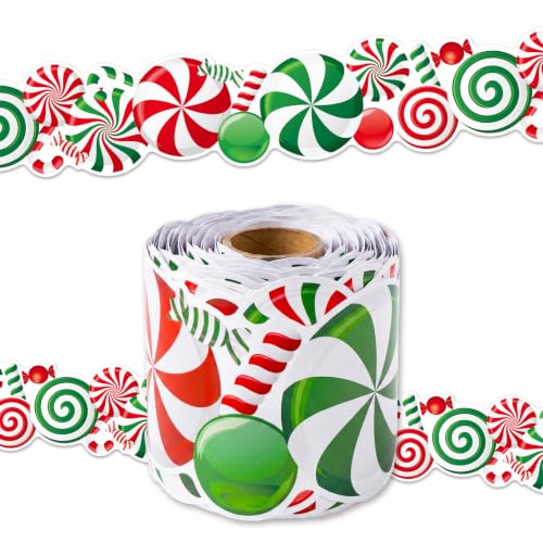 69Ft Christmas Candy Bulletin Board Border Trim, Die-Cut Candy Cane Lollipop Border Roll, Holiday Classroom Decor for Bulletin Board, Whiteboard, Door, Christmas Party Decorations - color: red, green, white