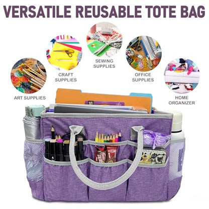 Cupohus Craft Organizer Tote Bag – Craft Caddy with 2 Mesh Side Pockets & Front Elastic Pockets, Foldable Large Capacity Supply Storage Bag for Sewing, Knitting, Painting, and Travel (Purple) - color: Purple