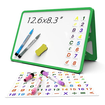 Small Dry Erase White Board with Stand, Double Sided Dry Erase Board for Kids, Foldable Small White Board Portable Mini Whiteboard with Lines & Holder for Home School Office - color: Green