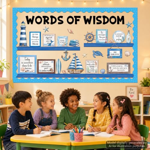 Nautical Bulletin Board Set Inspirational Ocean Classroom Bulletin Board Decoration Back to School Positive Paper Cutouts for School Home Office Teacher Classroom Wall Door Decor Supplies - style: Nautical