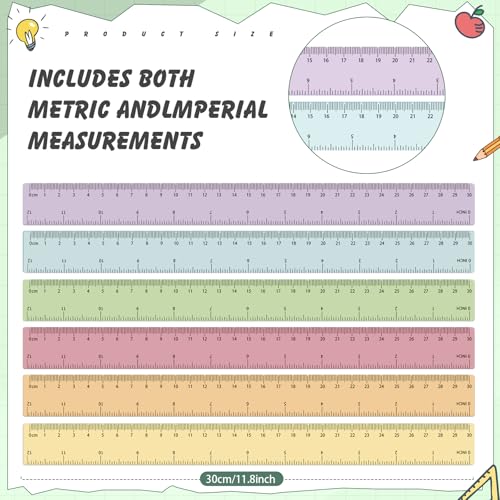 60 Pcs 12 Inch Bulk Plastic Clear Rulers, School Supplies, Pastel - color: Pastel