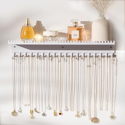 Necklace Holder Wall Hanging Organizer: Wall Mounted Jewelry Shelf with 56 Hooks and Tray, Display Hanger for Kids, Girls and Women, White & Metal - color: white