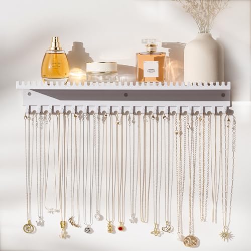 Necklace Holder Wall Hanging Organizer: Wall Mounted Jewelry Shelf with 56 Hooks and Tray, Display Hanger for Kids, Girls and Women, White & Metal - color: white