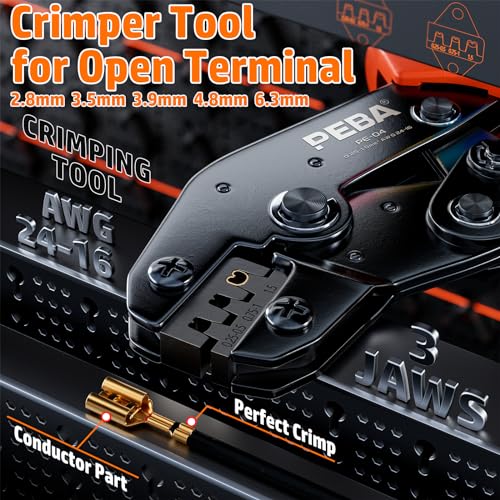 PEBA Open Barrel Crimping Tool Kit - 10 Sizes Quick Splice Male and Female Wire Spade Connectors with Ratcheting Crimper AWG 24-14, Ring Terminals for Electrical Wiring Car Audio Speaker Connectors