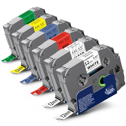 6-Pack Compatible for Brother Label Maker Tape 12mm 0.47" Multi Color - color: Black on Clear/White/Red/Blue/Yellow/Green, size: 0.47 inch (12mm)