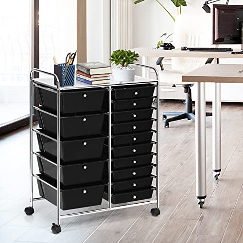 COSTWAY 15 Drawer Rolling Storage Cart, Mobile Storage Organizer - color: Black, size: 15 Drawer