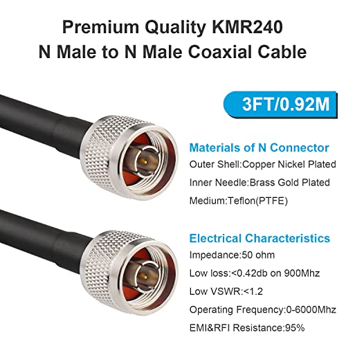 MOOKEERF KMR240 N Cable - 3FT Ultra Low Loss N Male to N Male Cable Pure Copper 50 ohm for 3G/4G/5G/LTE/ADS-B/Ham/GPS/WiFi/RF Radio to Antenna or Signal Booster Use - size: 3FT