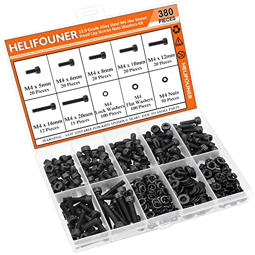 HELIFOUNER 380 Pieces M4 x 5mm /6mm /8mm /10mm /12mm /16mm /20mm, Hex Socket Head Cap Screws Bolts Washers Nuts Kit, 12.9 Grade Alloy Steel, Full Threaded, Black - size: M4, style: Socket Head
