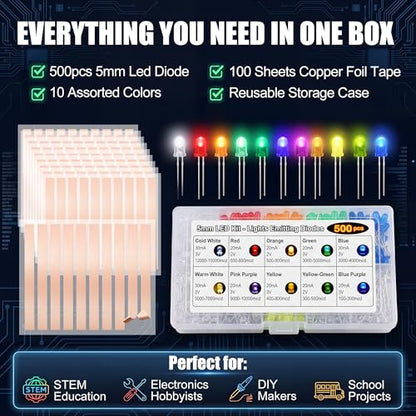 500pcs 10 Colors 5mm LED Light Diode, 100 Pcs Copper Foil Conductive Slice