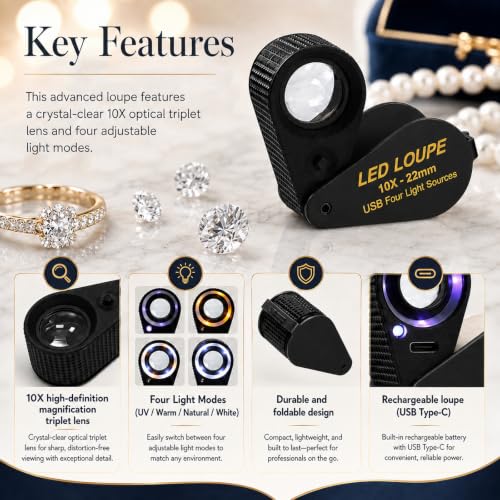Jewelers Loupe Rechargeable Jewelry Magnifier, LED Loupe Triplet 10X with UV & LED Light for Jewelry, Watch Repair, Coins & Stamps (4 Lights Mode) - color: Black