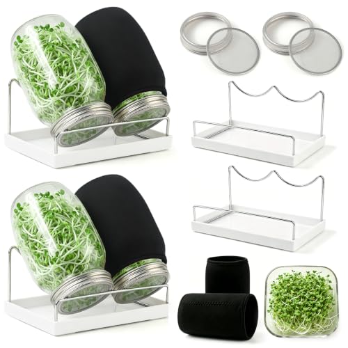 Seed Sprouting Jar Kit - 4 Wide Mouth Mason Jars with 316 Stainless Steel Sprouting Lids, 2 Drip Trays & 2 Stands, Complete Home Growing Set for Broccoli, Alfalfa, Beans, Wheatgrass (4 Jars)