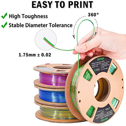 PLA Filament 1.75mm, Tri-Colors 3D Printer Filament, Rainbow PLA Filament Bundle, Coextrusion 3D Filament with Silk PLA Color Change, 3D Printing Filament +/-0.02mm, 200g X 4 Spool - color: Red Gold Blue Green Orange