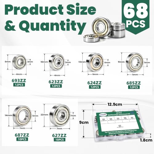 68 PCS Ball Bearings Kit, 6 Sizes Steel Small Roller Bearings