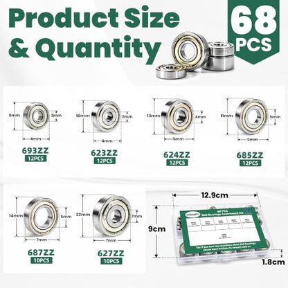 68 PCS Ball Bearings Kit, 6 Sizes Steel Small Roller Bearings