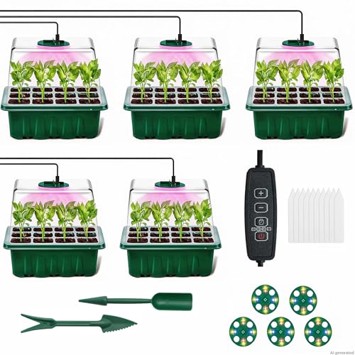 Seed Starter Tray with Grow Light, 5 Pack 60 Cells Seedling Starter Kit with Humidity Dome, Full Spectrum Plant Grow Lights for Seed Germination, IndoorGreenhouse Trays for Seedlings Starting