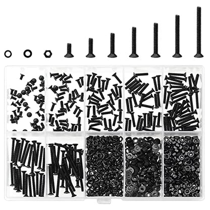 HELIFOUNER 560 Pieces M2.5 x 4mm /6mm /8mm /10mm /12mm /16mm /20mm, Countersunk Head Socket Cap Screws Bolts Washers Nuts Kit, 10.9 Grade Alloy Steel, Full Threaded, Black - size: M2.5, style: Countersunk Head