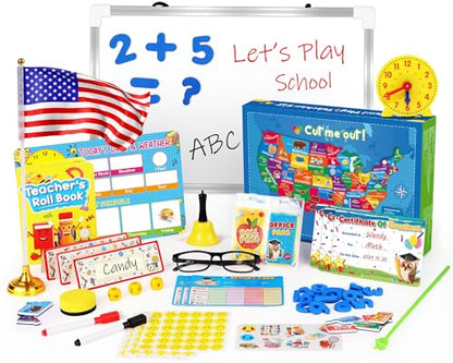 UOMTFAI Pretend Play Teacher Set, Kids Pretend Teacher Playset with Whiteboard Learning Clock Magnetic Numbers and Map Puzzles, Pretend Play Teaching Toys Learning Education Toys for Kids