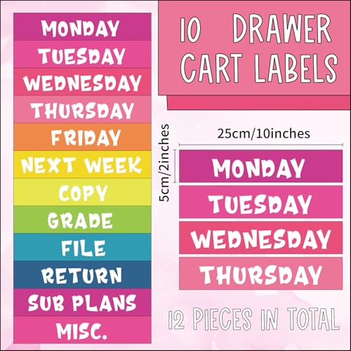 12 Pieces Rolling Storage Cart Labels 10 Drawer Rolling Storage Cart Label Colorful Classroom Decor for Teacher Office School Classroom Organization - style: Colorful