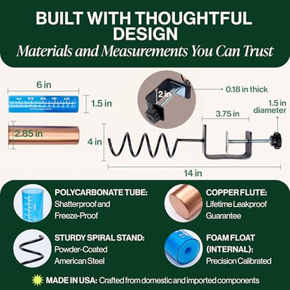 WCRG Copper Rain Gauge for Yard, Rail-Mounted Steel Clamp - Outdoor Sprinkler Gauges, Shatterproof, Winter-Safe, Accurate, Decorative - The Original Floating Rain Gauge, USA Assembled & Designed - size: Clamp
