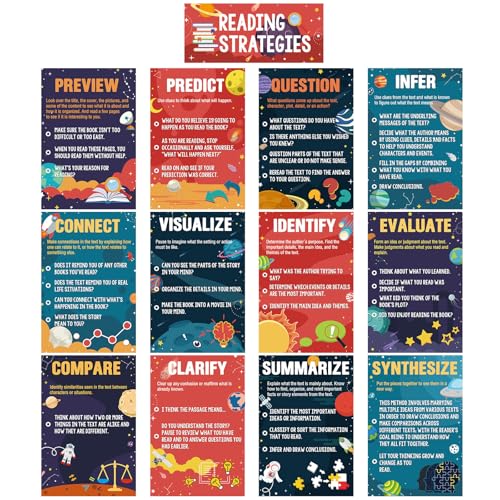 Outus 13 Pcs Reading Strategies Posters Classroom Decorations Reading Bulletin Board Posters Elementary Educational Wall Prints Library Decorations for Middle High Schools Teacher Supplies(Space) - style: Space